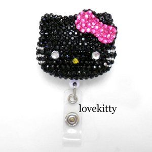 Black Hot Pink Hello Kitty Blinged Rhinestone Retractable ID Badge Reel Holder